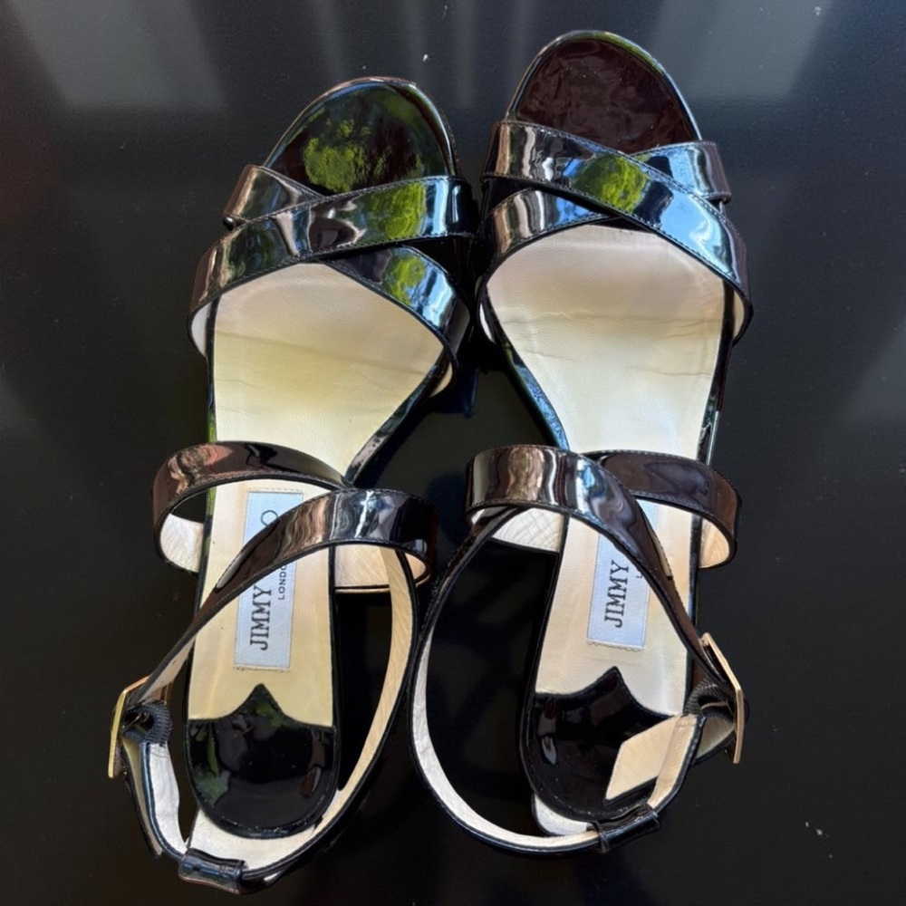 Jimmy Choo Chiara Demi-Wedge Black Patent Leather Crisscross Sandals